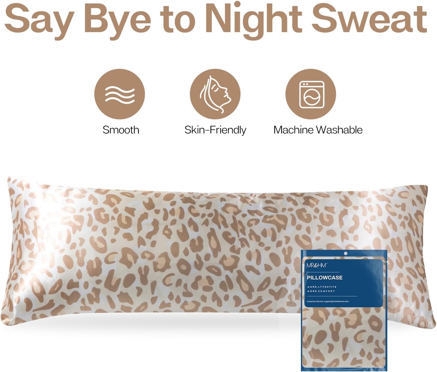 MR&HM Satin Body Pillow Cover, Soft and Breathable Body Pillow Case with Envelope Closure, Cooling and Silky Long Pillowcase for Hair and Skin,Grey (20x54, Champagne Leopard)