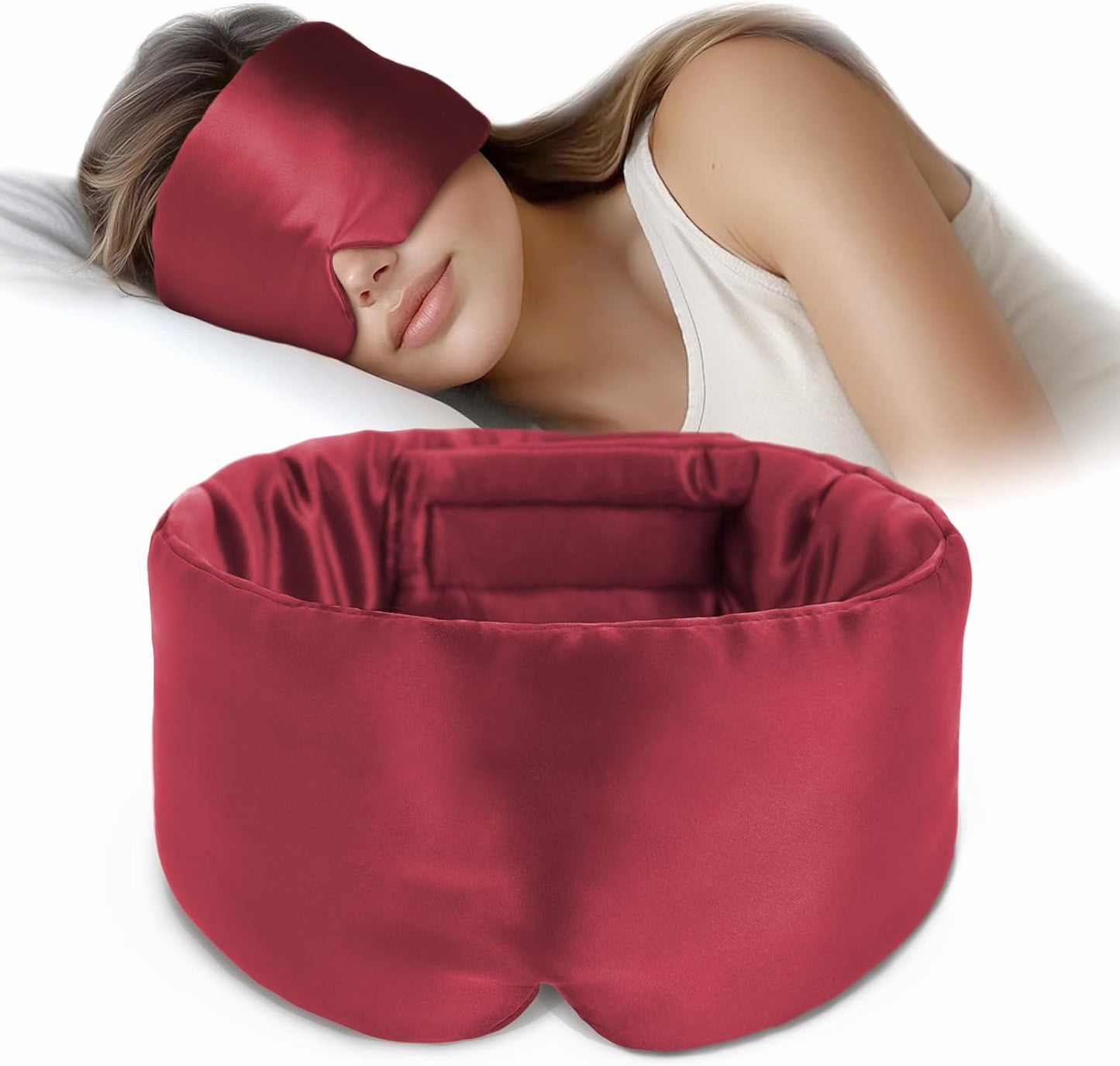 Silk Sleep Mask Soft Pressureless: 100% Mulberry Silk for Eye Skin Anti Wrinkles, Large Size for Total Blackout, Adjustable Wide Velcro Ear Cover, Burgundy