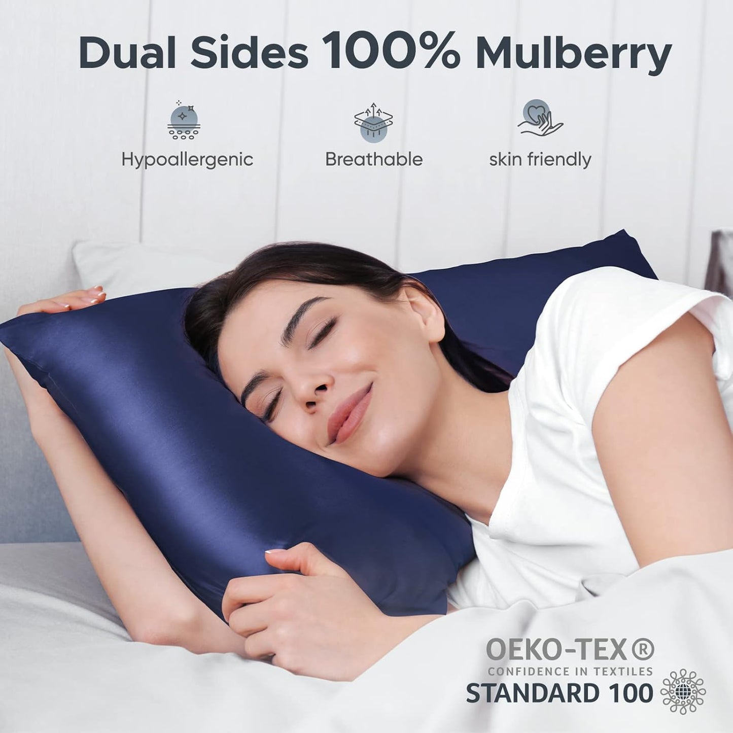 100% Pure Mulberry Silk Pillowcase for Hair and Skin - Allergen Resistant Dual Sides,600 Thread Count Silk Bed Pillow Cases with Hidden Zipper,1pc,King Size,Blue