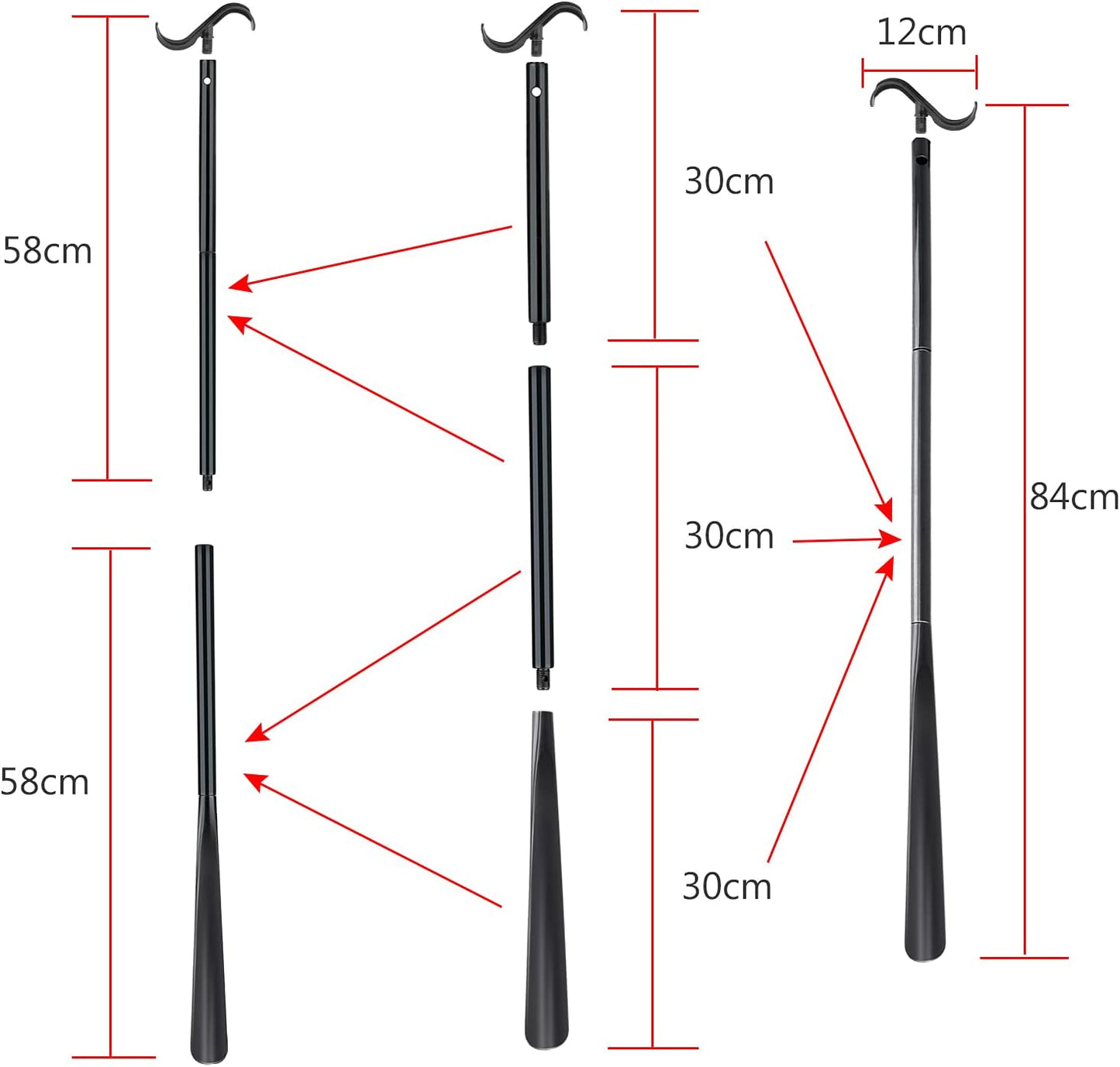 35" Long Dressing Stick with Shoe Horn with Sock Removal Tool, Adjustable Extended Dressing Aids for Shoes, Socks, Shirts and Pants