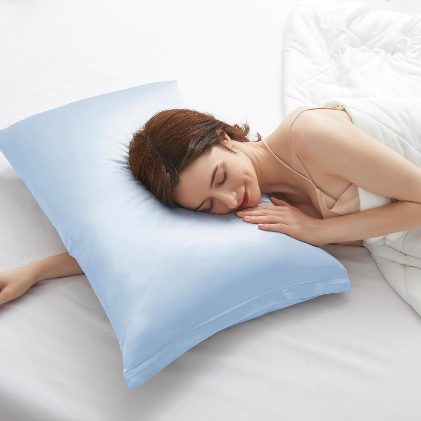 Juwenin Bedding,Luxury Satin Pillowcase with Zipper (Silky Satin Pillow Case for Hair) Set of 2 (Blue, Queen(20''x29''))