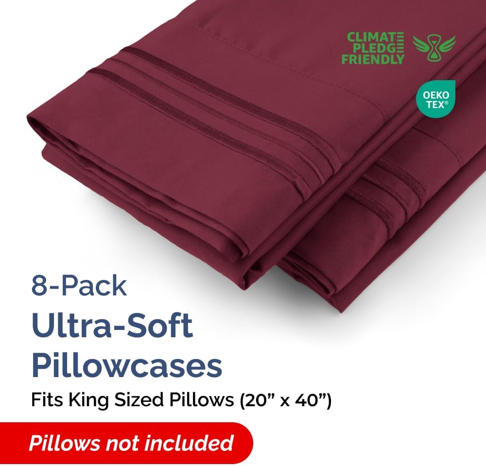 King Pillow Cases Set of 8 - Ultra Soft Hotel Quality Pillowcase Covers - Comfy & Wrinkle Free - Shrink, Stain & Fade Resistant - Easy-Care, Machine Washable Pillow Protectors - 8 Piece Set - Burgundy