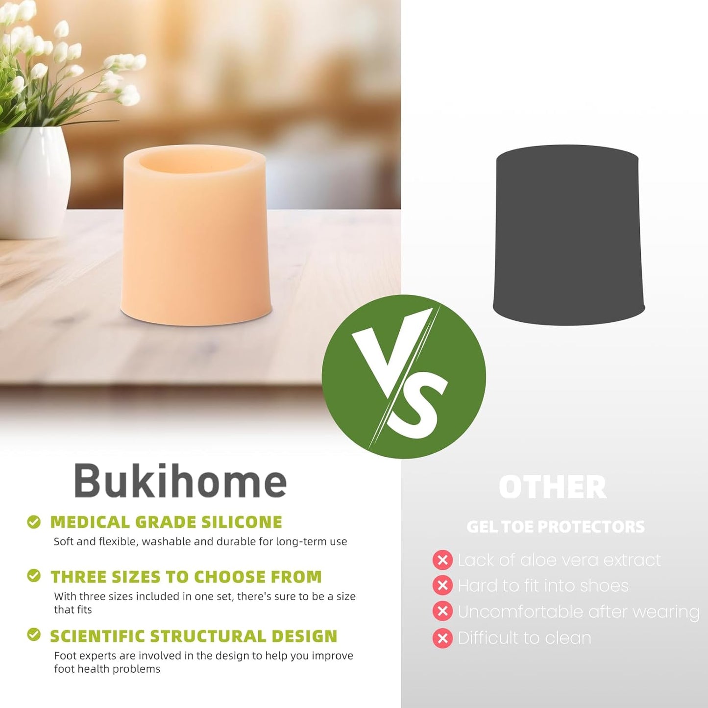 Bukihome Silicone Toe Protectors – 14 Pack Silicone Toe Sleeve for Hammer Toes, Corns, Calluses, Blisters – Soft Gel Protector Toe Cushions for Pain Relief (Beige, Large)