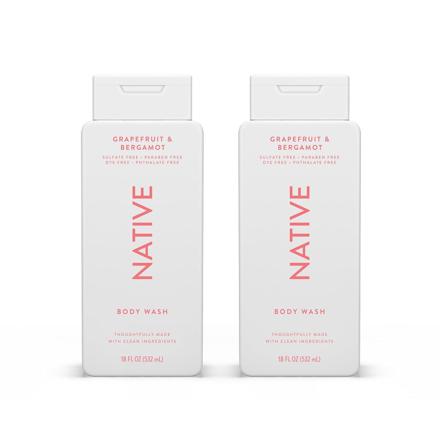 Native Body Wash Contains Naturally Derived Ingredients | For Women & Men, Sulfate, Paraben, & Dye Free Leaving Skin Soft and Hydrating | Grapefruit & Bergamot 18 oz - 2 Pk