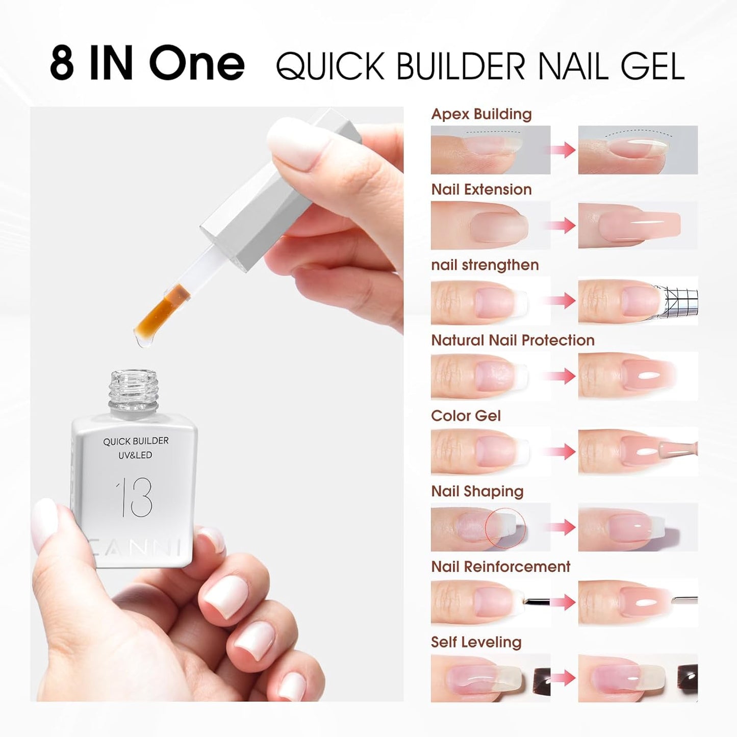 CANNI 6 Pcs 9 Ml Clear Builder Nail Gel Polish Set- Milky White Neutral Nude Pink Colors Builder for Nails Strengthener Gel Thickening Extension for Beginners DIY Home Salon Manicure