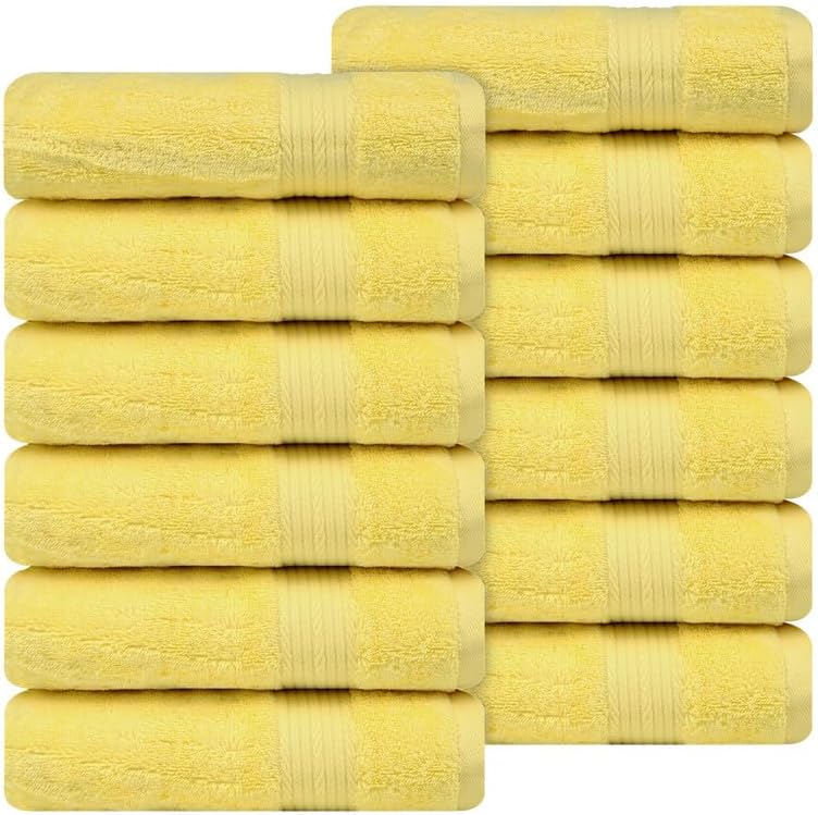 Ample Decor Hand Towel 18 X 28 Inch Pack of 12 600 GSM 100% Cotton, Oeko Tex Certified Soft Absorbent Thick Durable Premium Quality, for Hotel, Bathroom, Spa, Gym - Machine Washable - Yellow