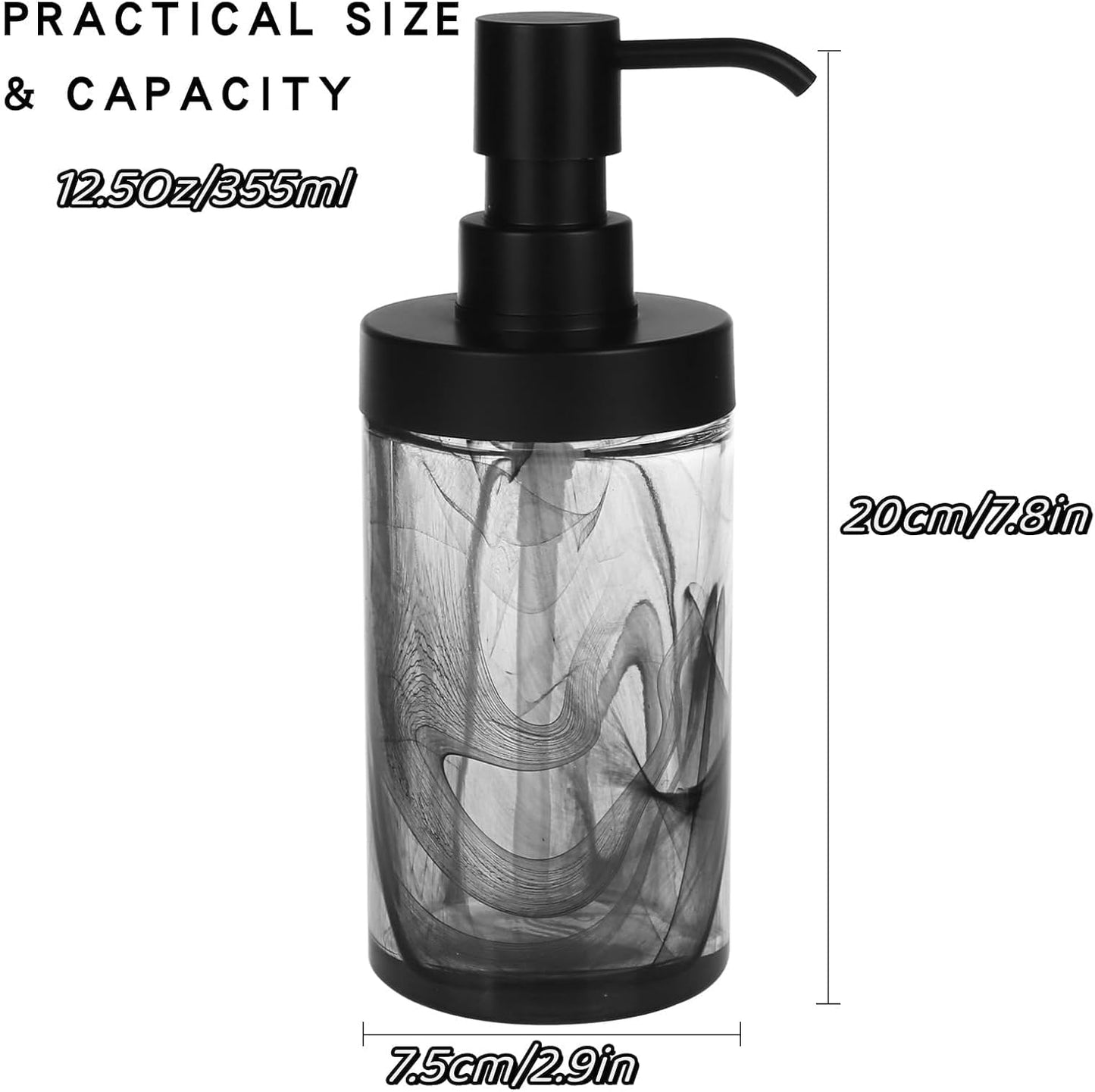 2-Pack Glass Soap Dispenser Set, 12.5 Oz Black Moire Pattern, Wide Mouth Easy Refill, Lead-Free Thick Glass Bottle with Matte Black Pump for Kitchen, Bathroom Sink Decor