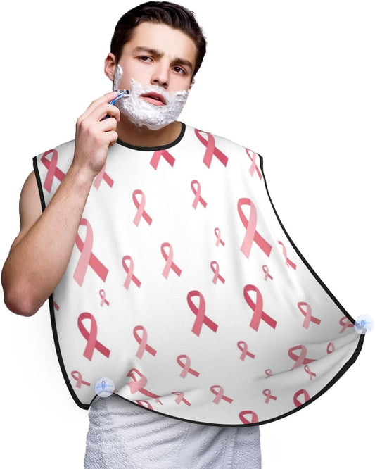 Waterproof Grooming Apron, Non-Stick Beard Bib with Suction Cups, for Breast Cancer Awareness Pink Ribbons White