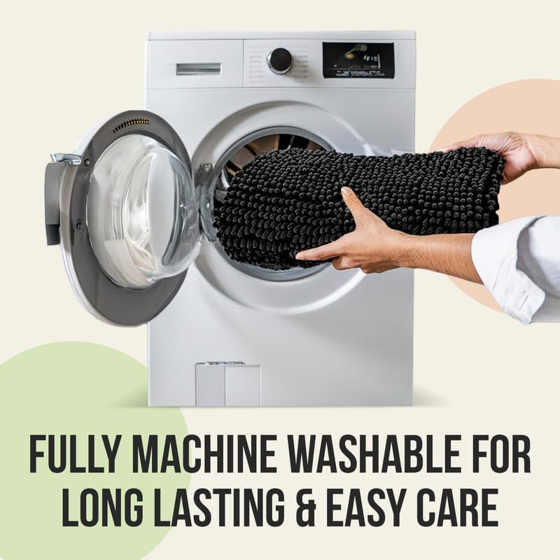 ITSOFT Plush Bathroom Rug 47x21, Absorbent Machine Washable Non Slip Chenille Bath Mats, Quick Dry Bathmat, Bath Rugs for Bath, Shower, Bedroom, or Door Mat, Black