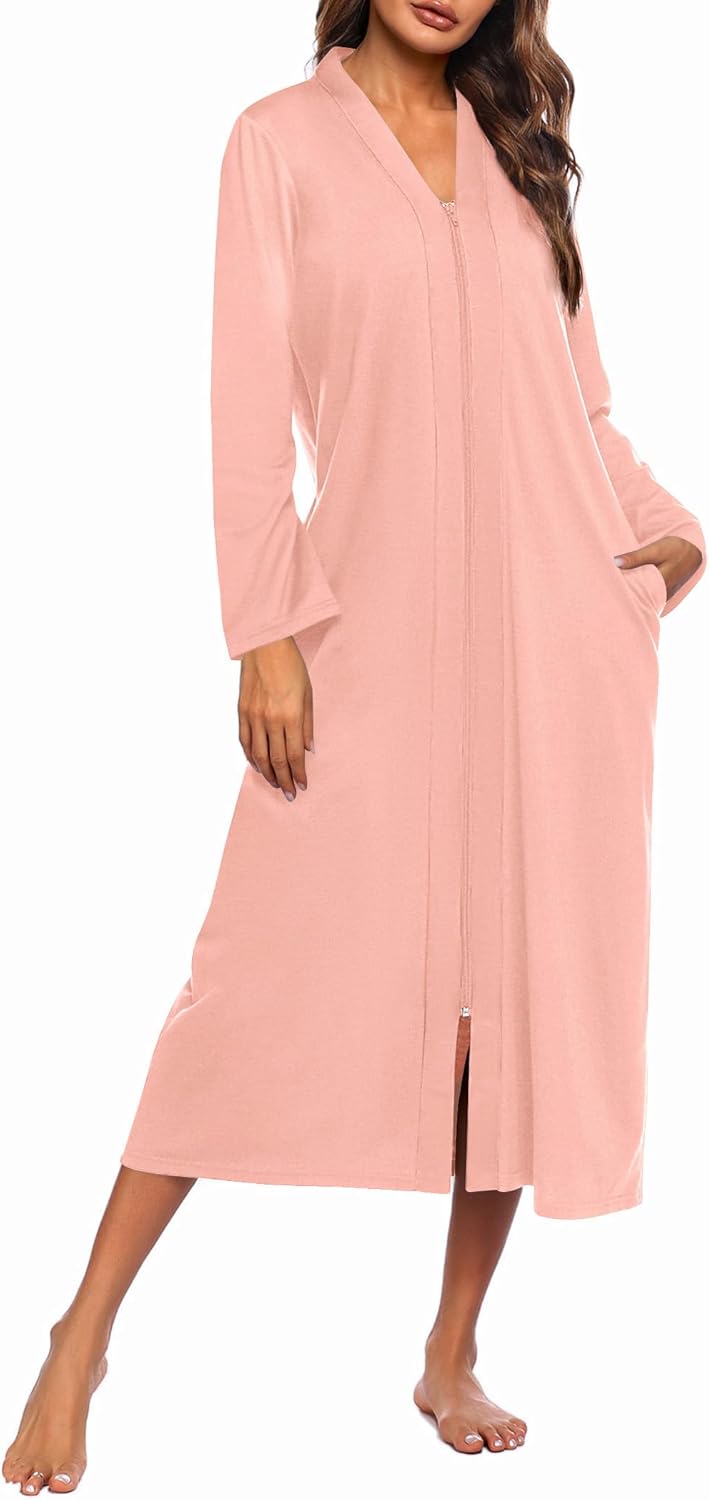 Ekouaer Women Zipper Robe Long Sleeve Loungewear Lightweight Housecoat Full Length Nightgown with Pockets