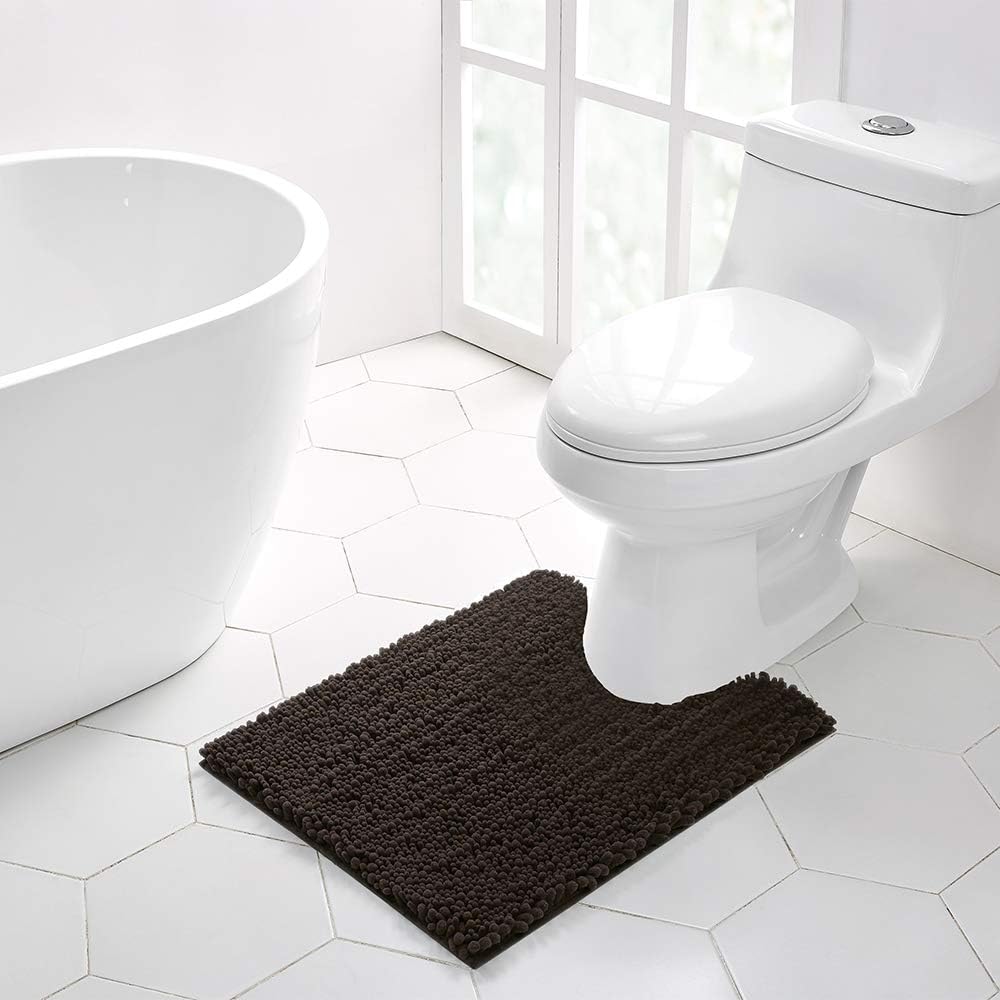 Walensee Bathroom Contour Rug Non Slip Toilet U Shaped Bath Mat (20x24, Brown) Water Absorbent Super Soft Shaggy Chenille Machine Washable Dry Extra Thick Perfect Absorbant Best Plush Carpet