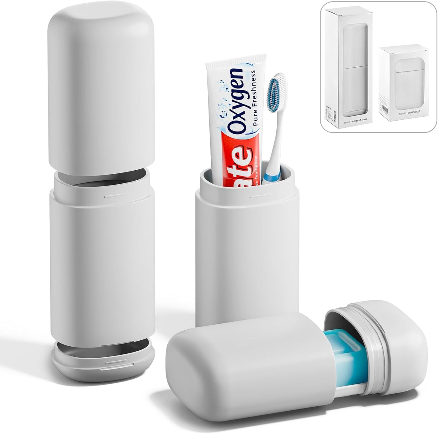 2Pack Travel Soap Case Container, Portable Toothbrush Travel Case with Cup, Tooth Brush Soap Bar Case Set for Traveling, Bathroom, Camping, Gym, Gray