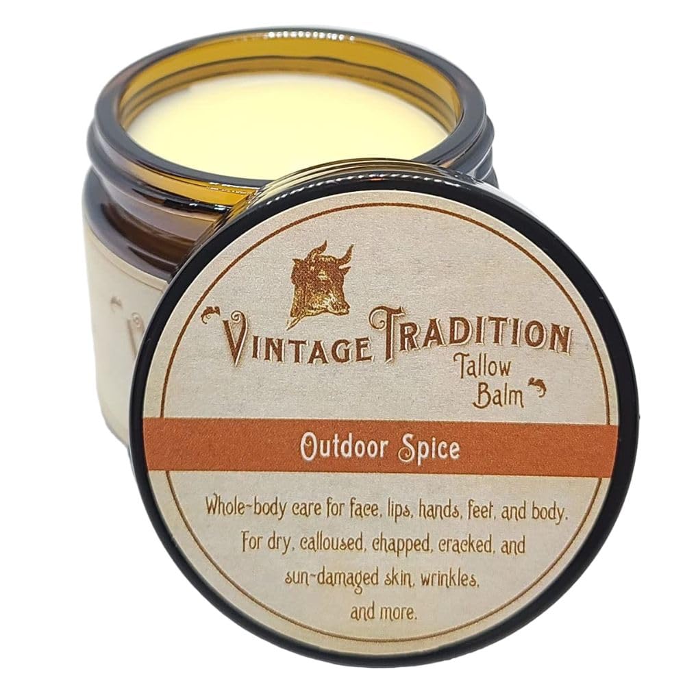 Vintage Tradition Beef Tallow All Purpose Balm - Healing, Hydrating Spice Oils Skin Care Salve Replaces Body Lotion, Hand Cream, More - Essential Oil, Olive Oil, and Grass-Fed Tallow, 2 fl. oz.