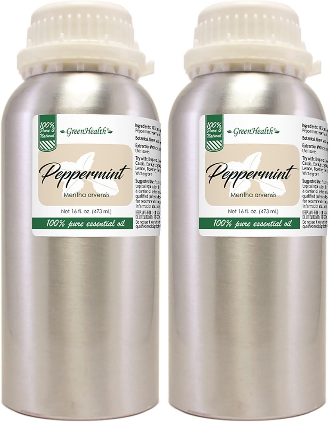 2 (Two) Bottles - 16 fl oz Peppermint Essential Oil (100% Pure & Uncut), Aluminum Bottle - GreenHealth