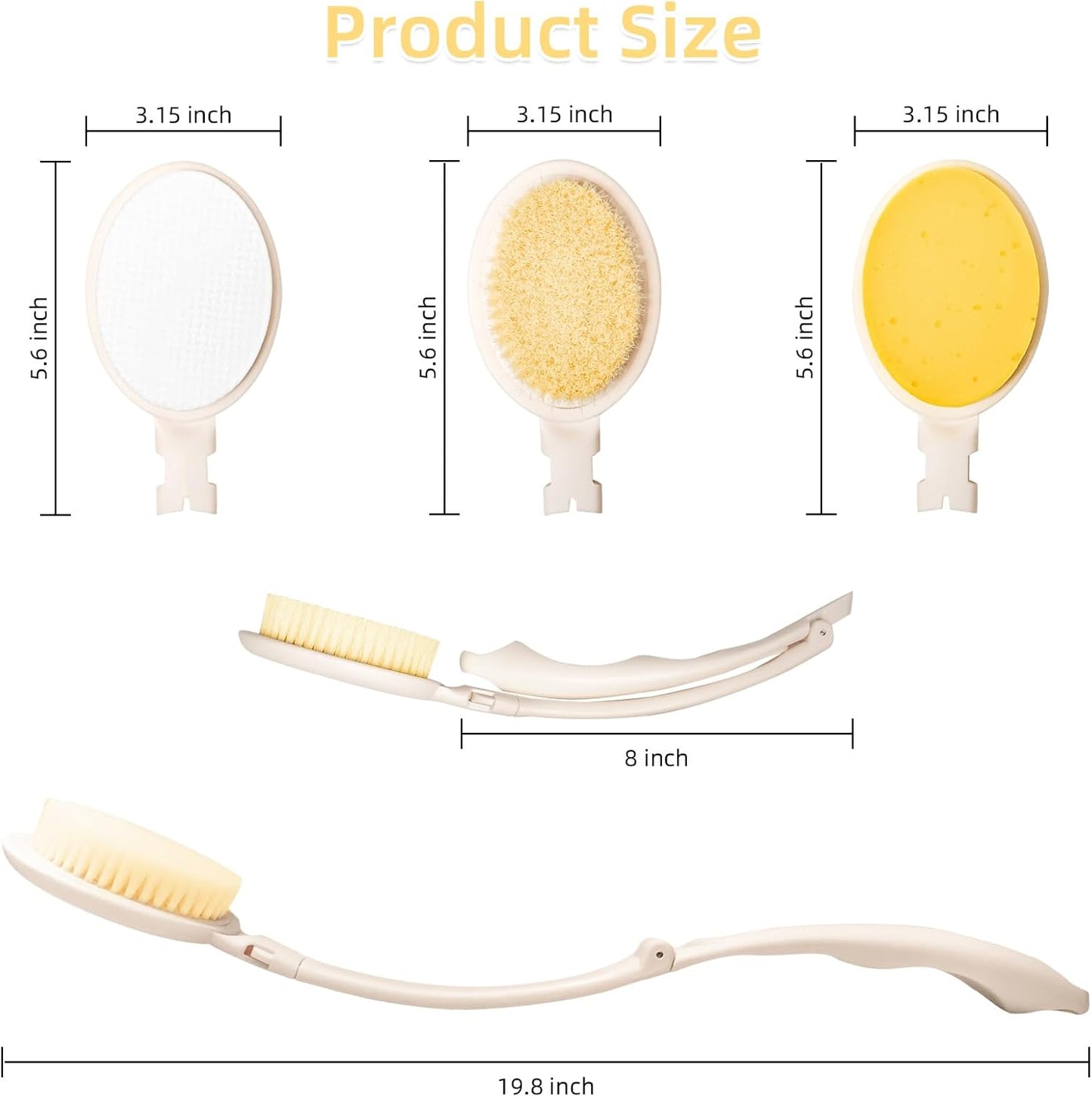 LFJ 19" Long Handle Shower Sponge Brush Set, 3 in 1 Body Brush, Bath Sponge and Lotion Applicator Improved Skin Health, Suitable for Men and Women (White Brush-2P)