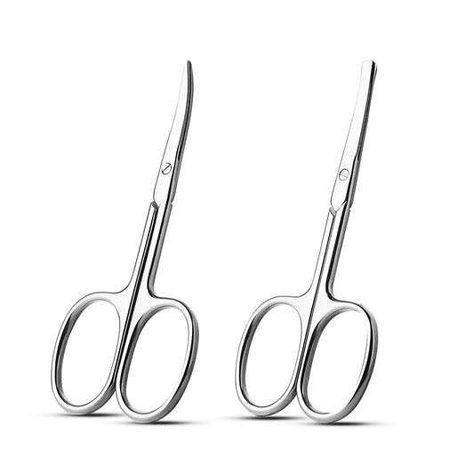 Facial Hair Small Grooming Scissors For Men Women - Eyebrow, Nose Hair, Mustache, Beard, Eyelashes, Ear Trimming Kit - Curved and Rounded Safety Tip Clippers For Hair Cutting 2PCS With Cover Sliver