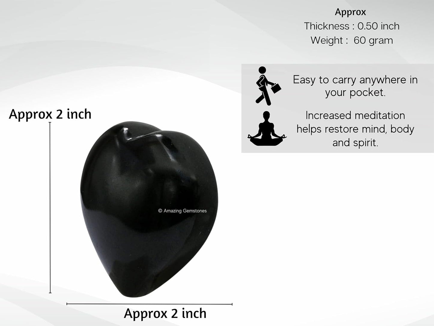 Amazing Gemstone Black Agate Crystal Heart Palm Stone - Pocket Massage Worry Stone for Natural Body Chakra Balancing, Reiki Healing and Crystal Grid