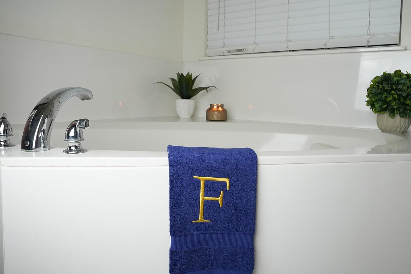 Navy Monogrammed Hand Towel for Bathroom - Initial Hotel Quality Decorative Embroidered Luxury Towel for Powder Room, Spa - GOTS Organic Certified - Pack of 2, Letter F