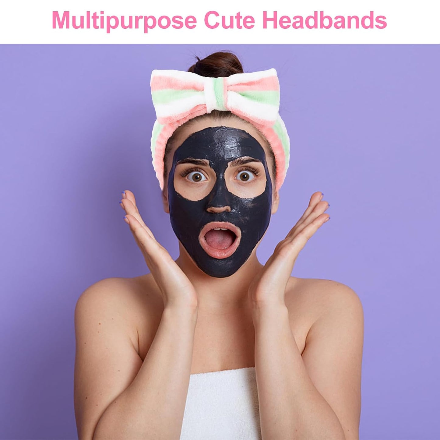 Ondder 8 Pcs Striped Spa Headband, Fuzzy Skincare Headbands for Women - Multipurpose Hair Band for Washing Face, Makeup, Facial, Yoga - Fleece, Terry Cloth, Microfiber, 8 Count Pack