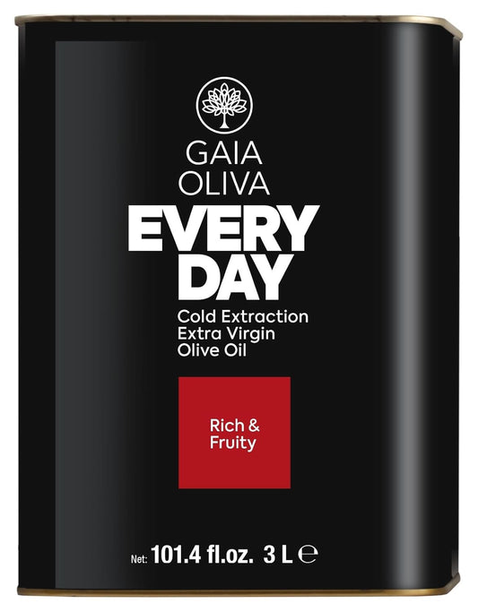 Gaia Oliva Everyday Extra Virgin Olive Oil, Cold Pressed, Single Origin, Kosher, Delicate, Smooth Fruity Flavor, 2022 Harvest Olive Oil Tin 3 Liter