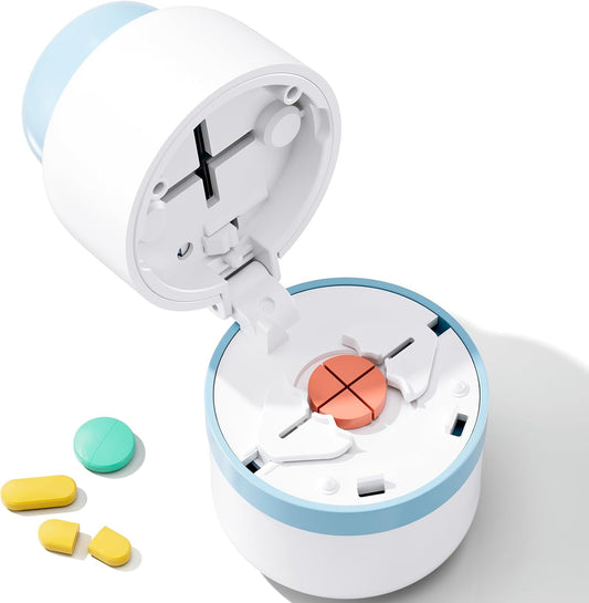 Pill Cutter - Pill Splitter with Stainless Steel Blade for Cutting Small Pills or Large Pills in one Fourth, Pill Cutter 1/4, Suitable for Cuting Vitamins, Tablets (1-4 Blue)