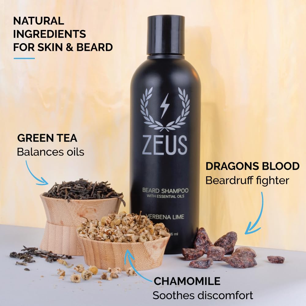ZEUS Beard Shampoo Wash, Infused with Green Tea & Natural Ingredients to Cleanse and Soften Beard – 8 oz. Made in USA – Sandalwood