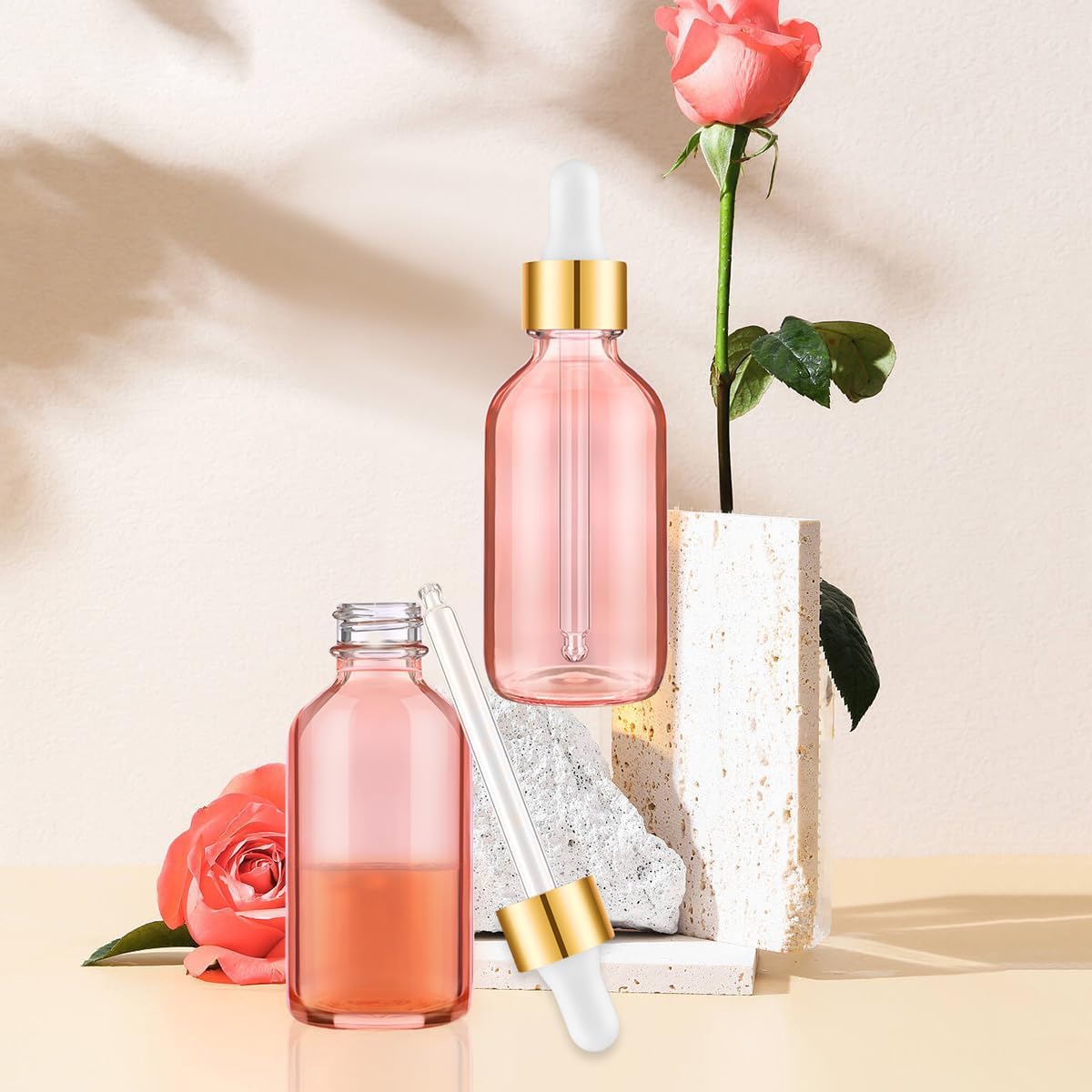 Bumobum 2 oz Dropper Bottle, 24 Pack Pink Glass Eye Dropper Bottles with Golden Top Cap for Essential Oils, Tincture Bottle with Labels and Funnel