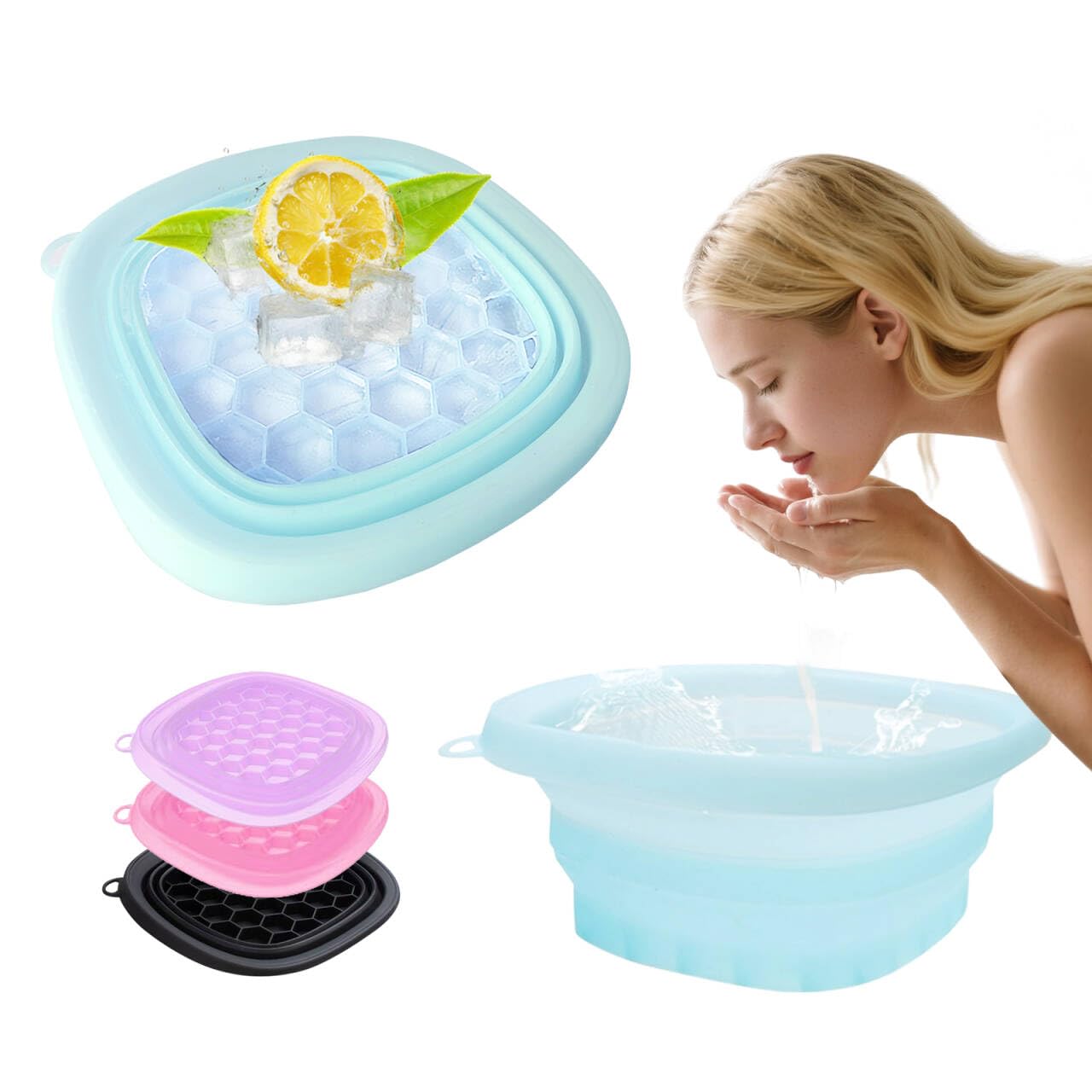 Face Bowl for Ice with Built-in IceTray,Collapsible Silicone Face Ice Bowl – Cold Plunge Therapy for Skin Tightening & Facial Treatment– Portable Spa Tool for Home & Travel（Blue)