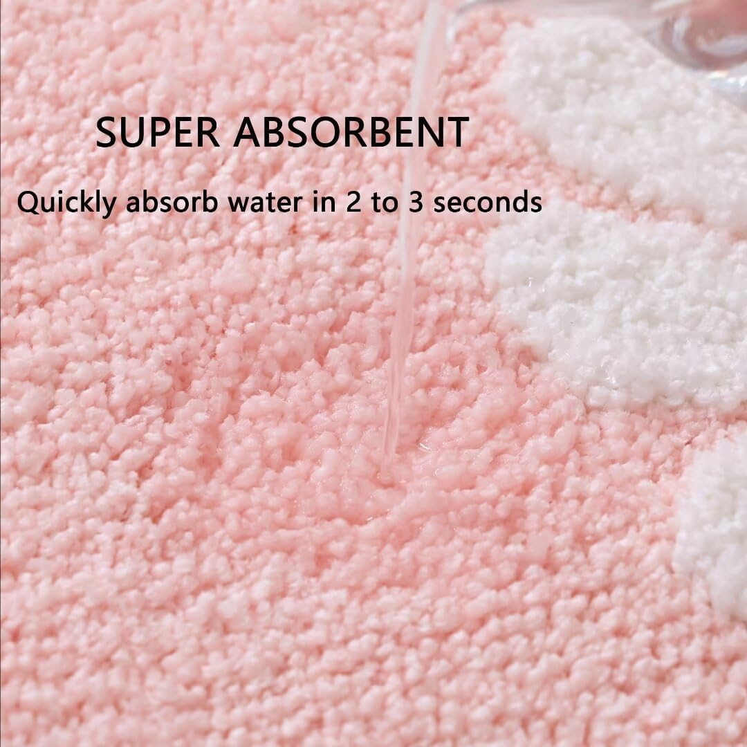 Fluffy Soft Superfine Fiber Bath Rugs, White Flower - Non Slip, Machine Wash, Plush Mat for Bathroom & Shower Room (16" 24", Pink)