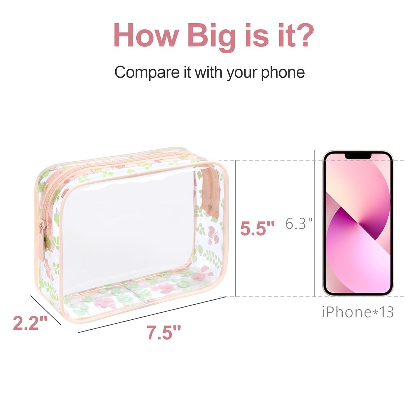 PACKISM TSA Approved Toiletry Bag - Pink Floral Print Clear Travel Bags, Suitable for Gifts, with Supporting Frame, Perfect for Travel Essentials, Thick No Smell