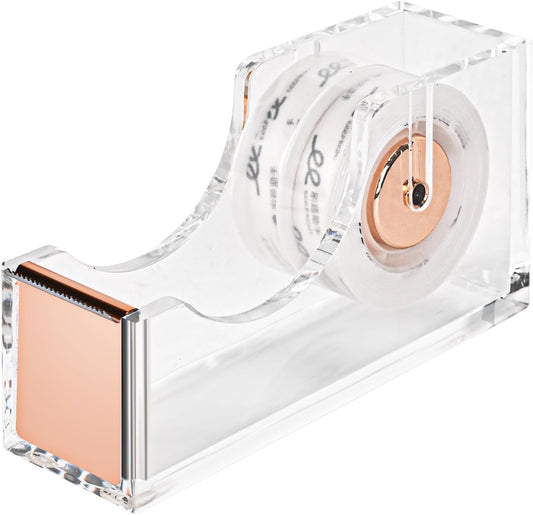 Modern Acrylic Tape Dispenser, Heavy Duty Tape Dispenser with Non-Slip Bace, Single Hand Dispensing Clear Sticker Organizer Perfect for Office, Home, School-Rose Gold