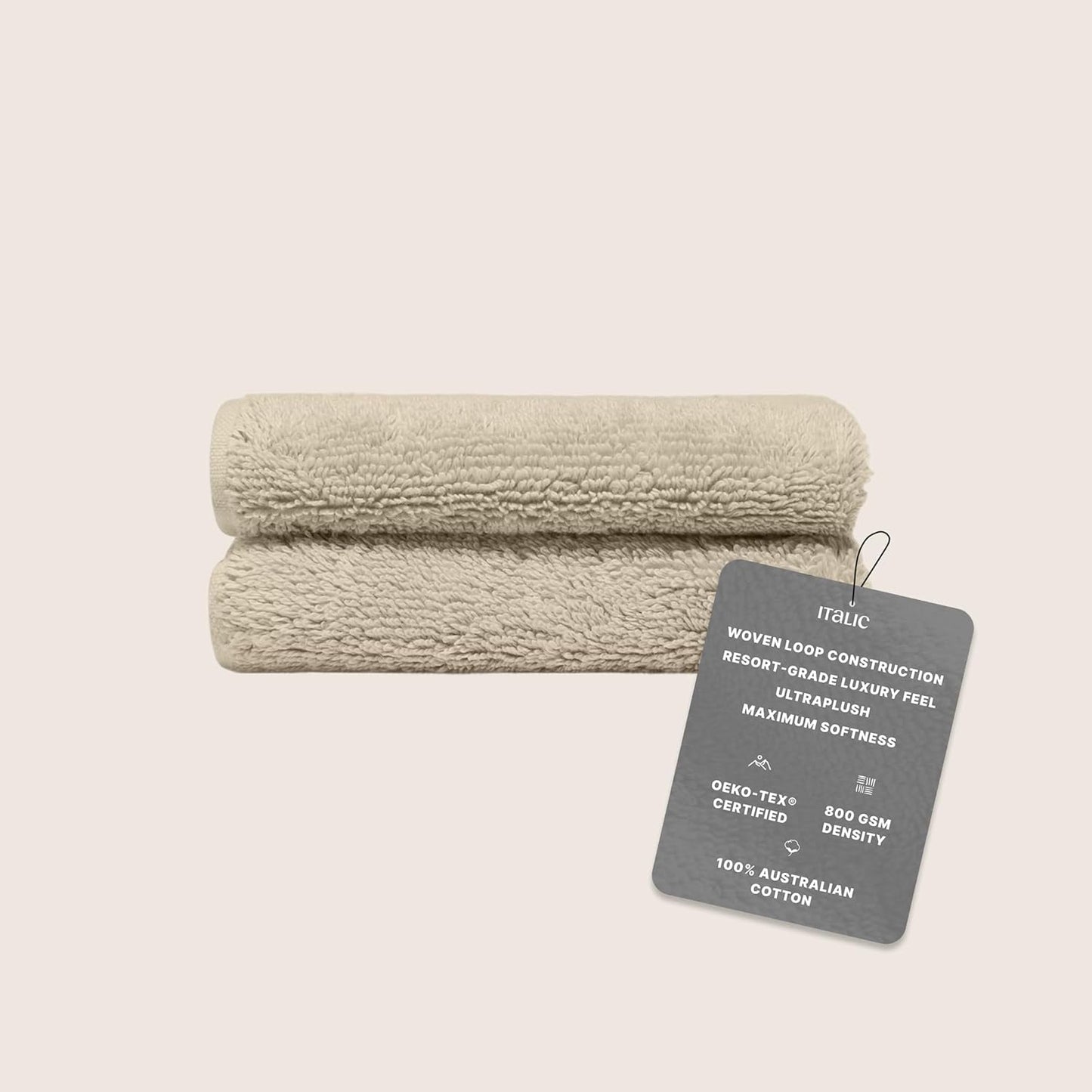 Italic Ultraplush 100% Australian Cotton Washcloths - Set of 2 Luxury Plush Face Wash Cloths, Soft and Absorbent 800 GSM Washcloth for Bathroom, Spa, Gym, Face and Body (Sand)