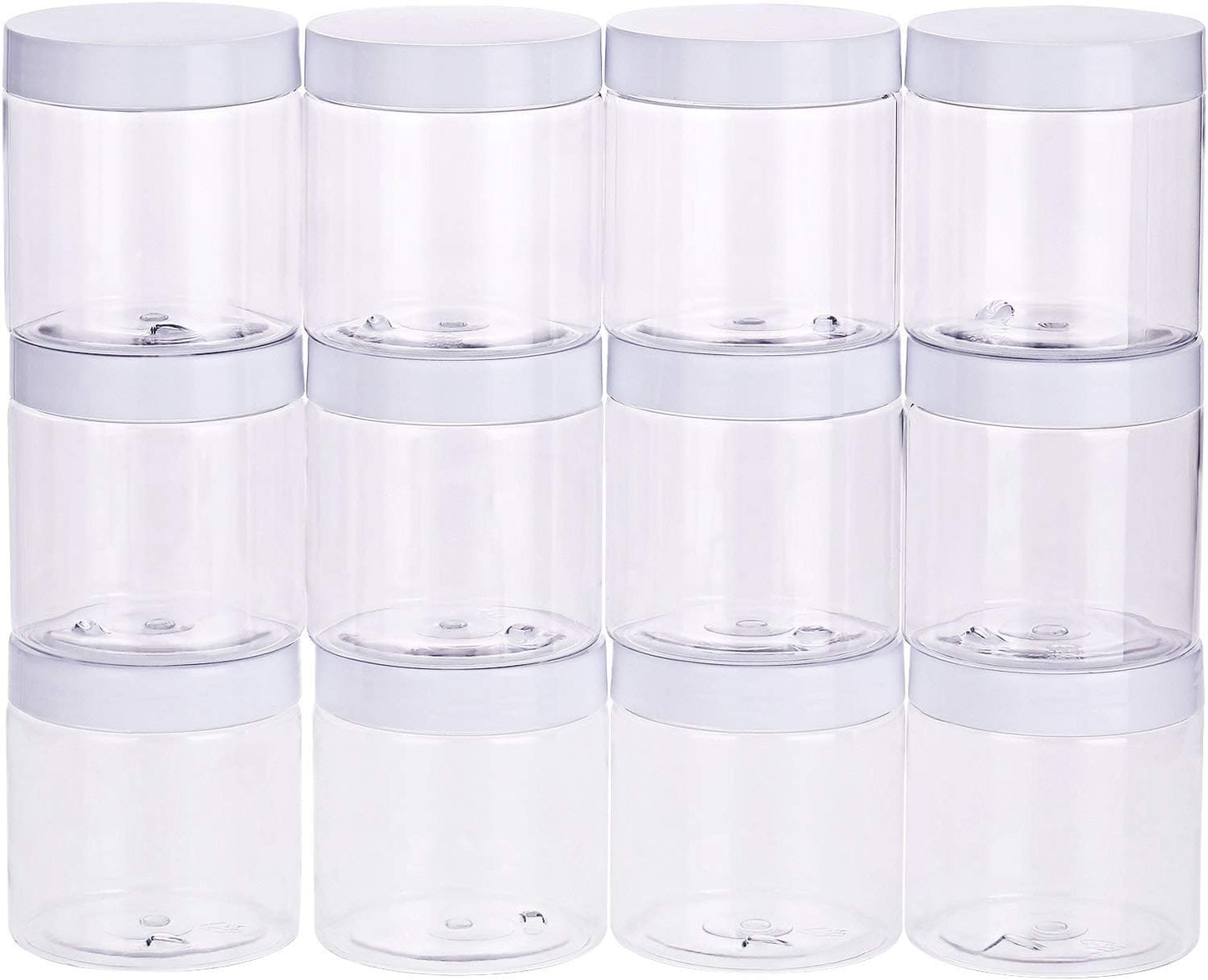 Chuangchou Empty Clear Plastic Storage Favor Jars Wide-mouth Plastic Containers with White Lids (12 Pack) for Beauty Products, DIY Making or Others (8 oz)