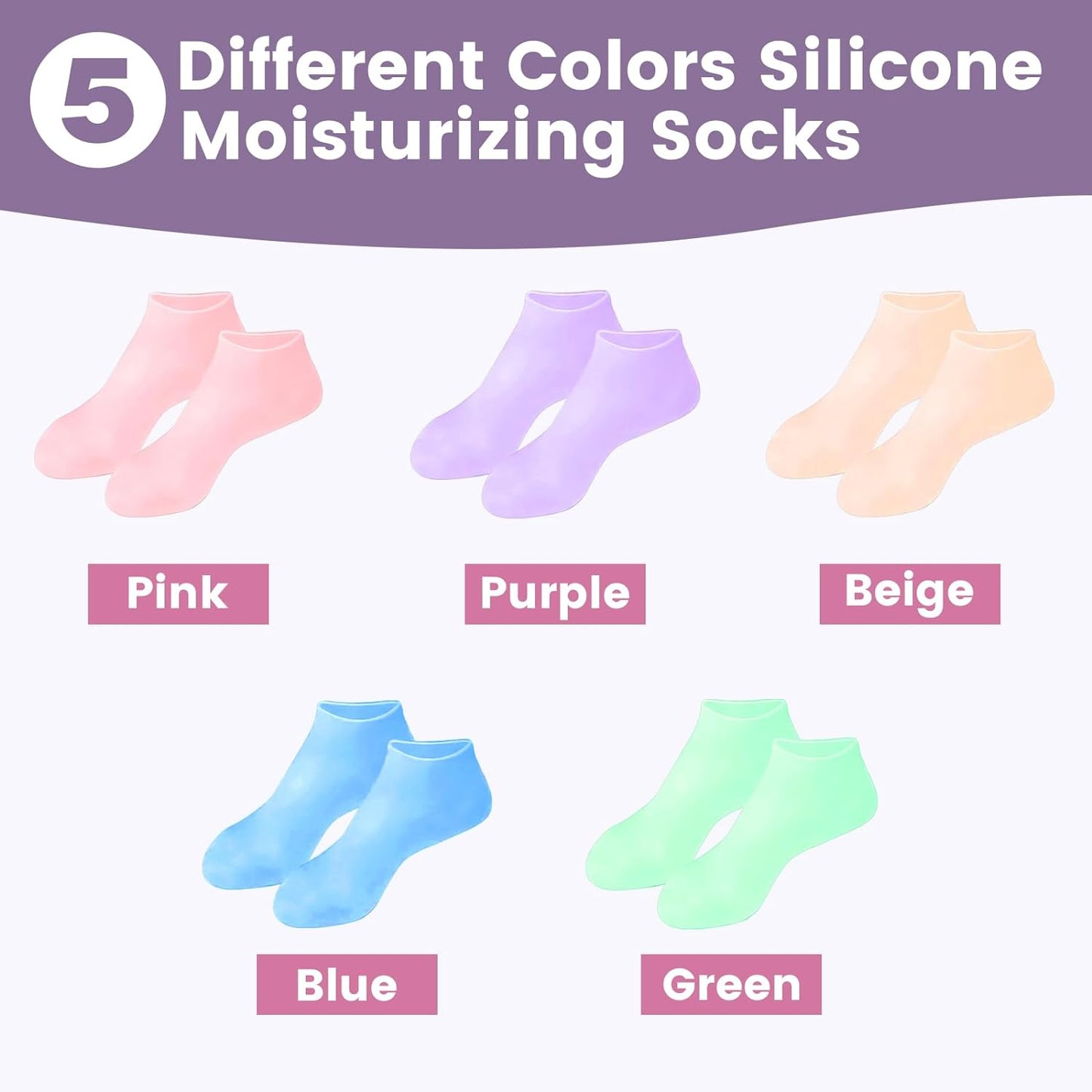 5 Pairs Silicone Socks for Dry Cracked Feet, Women's Foot Socks for Moisturizing, Cracked Heel Treatment (5 Colors Assorted, Fits Up to Size 7)