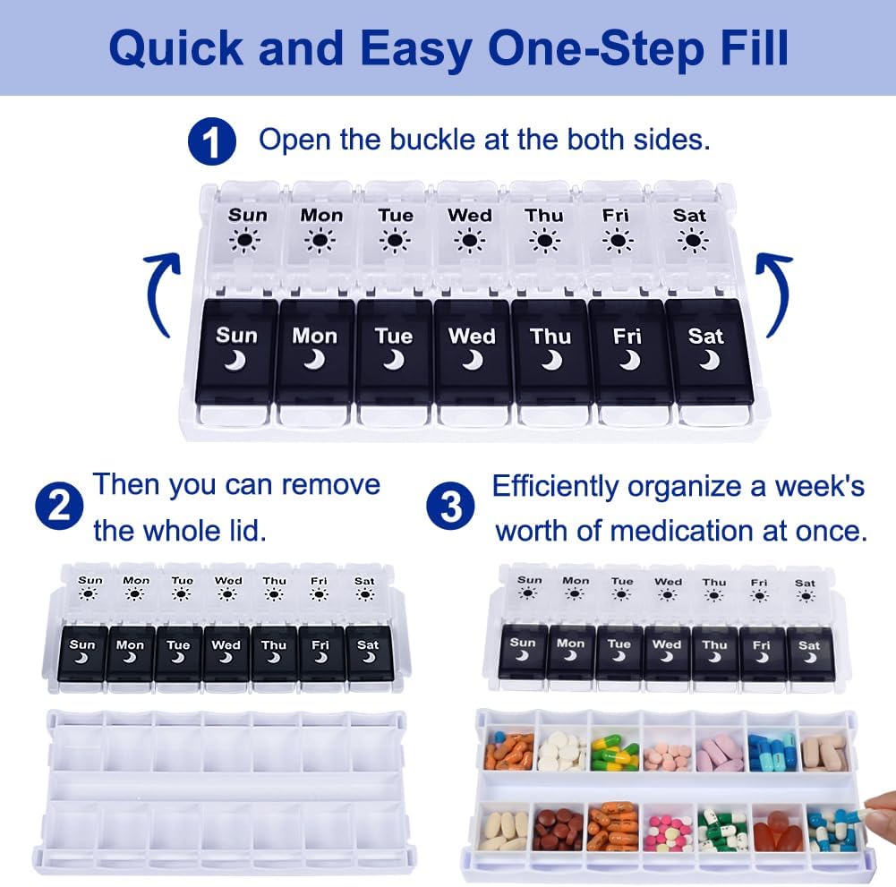 HRX Package Pill Organizer 2 Times a Day, Easy Fill & Open Weekly Medicine Box Vitamin Cases for 7 Day AM PM