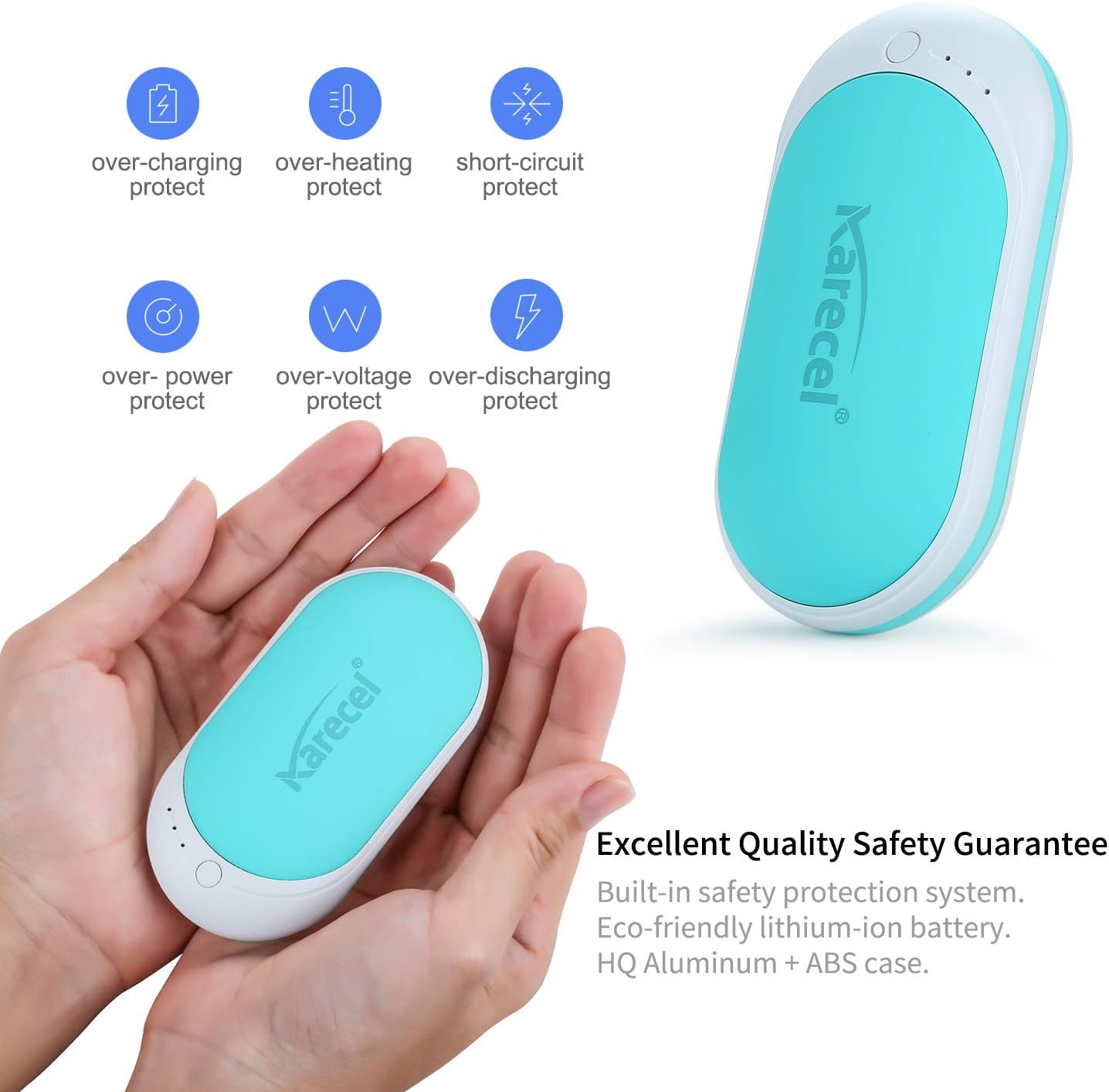 Karecel Hand Warmer Rechargeable, 5200mAh Electric Hand Warmer & Power Bank, Double-Sided Heating, USB Quick Charge, Portable Pocket Heater Handwarmer for Women Mens Gifts, Camping, Winter Sports