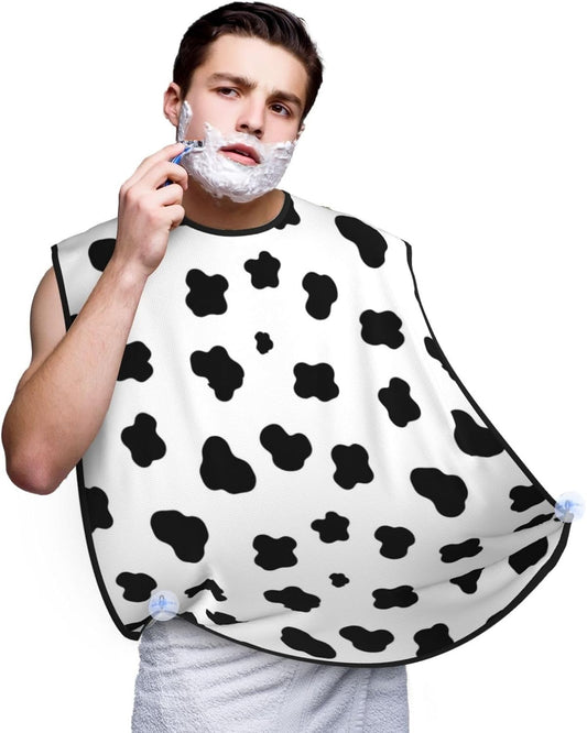 Strong Suction Cup Beard Grooming Bib, Non-Stick Hair Catcher, Waterproof, for Shaving, Black and White Animal Cow Print