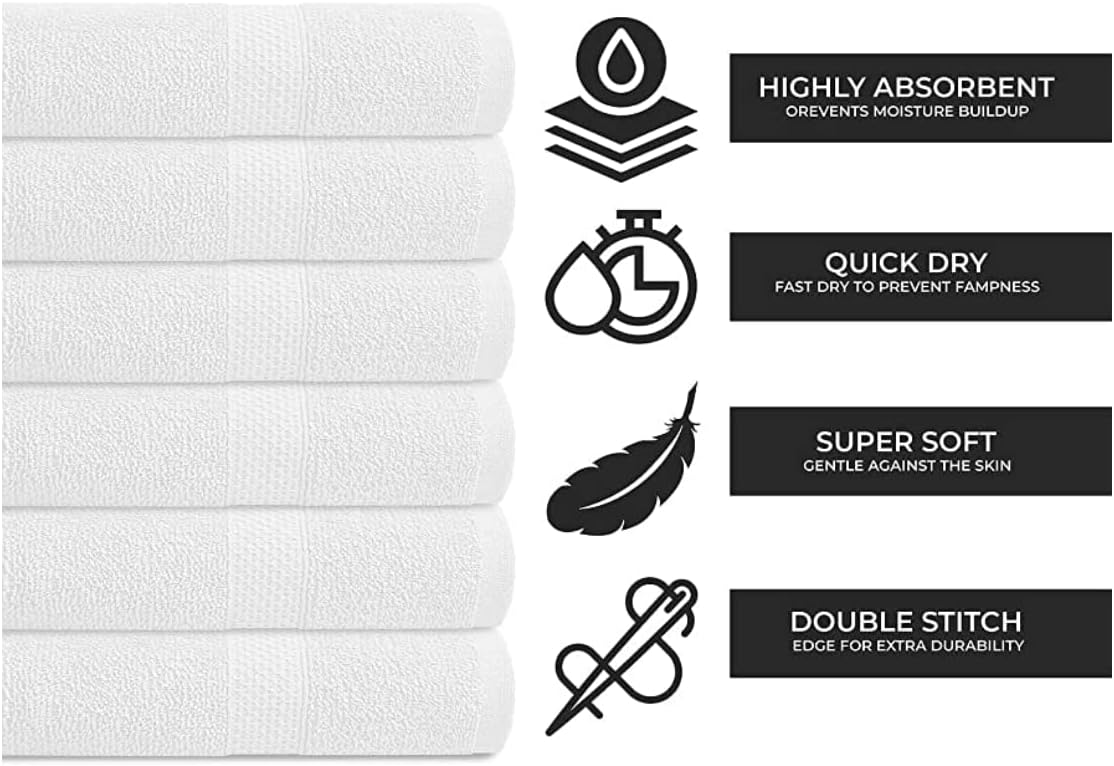 100% Cotton Bath Towel Set, White 24x48 Pack of 6 Towels, Quick Dry, Highly Absorbent, Soft Feel Towel, Gym, Spa, Bathroom, Shower, Pool, Luxury Soft Towels Light-Weight