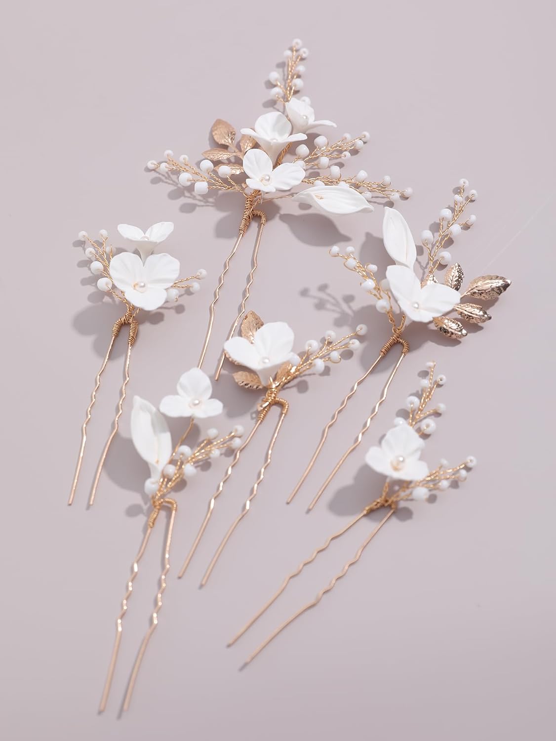 Beads Pearl Hair Pins, 6 Pcs Bridal Handmade White 3D Pinch Flower Fairy Bride Wedding Hair Pieces Leaf U Shaped Hair Accessories Headpiece Bridesmaids Women Girls Gold