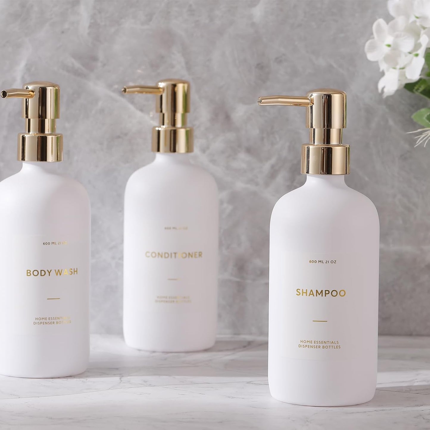 HOMCDALY Shampoo and Conditioner Dispenser, 21oz 3-Pack Refillable Pump Bottles, Shampoo Container, Empty Pump Bottle, Bathroom Shower Dispenser（21oz-White&Gold）