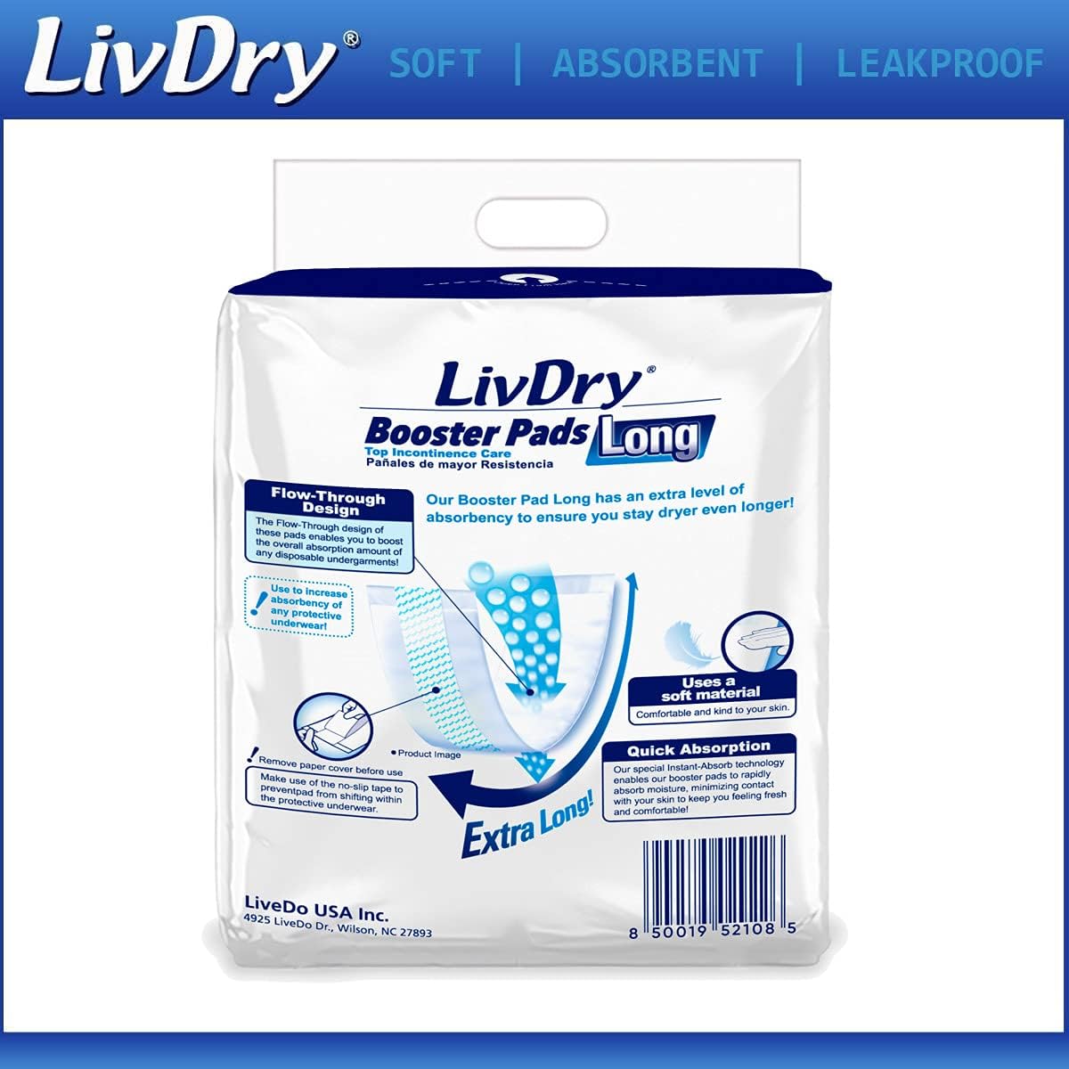 Incontinence Booster Pads by LivDry | Extra Absorbent Protection for Adults, Unisex | Disposable Comfortable Pad (48 Count, Long Length)