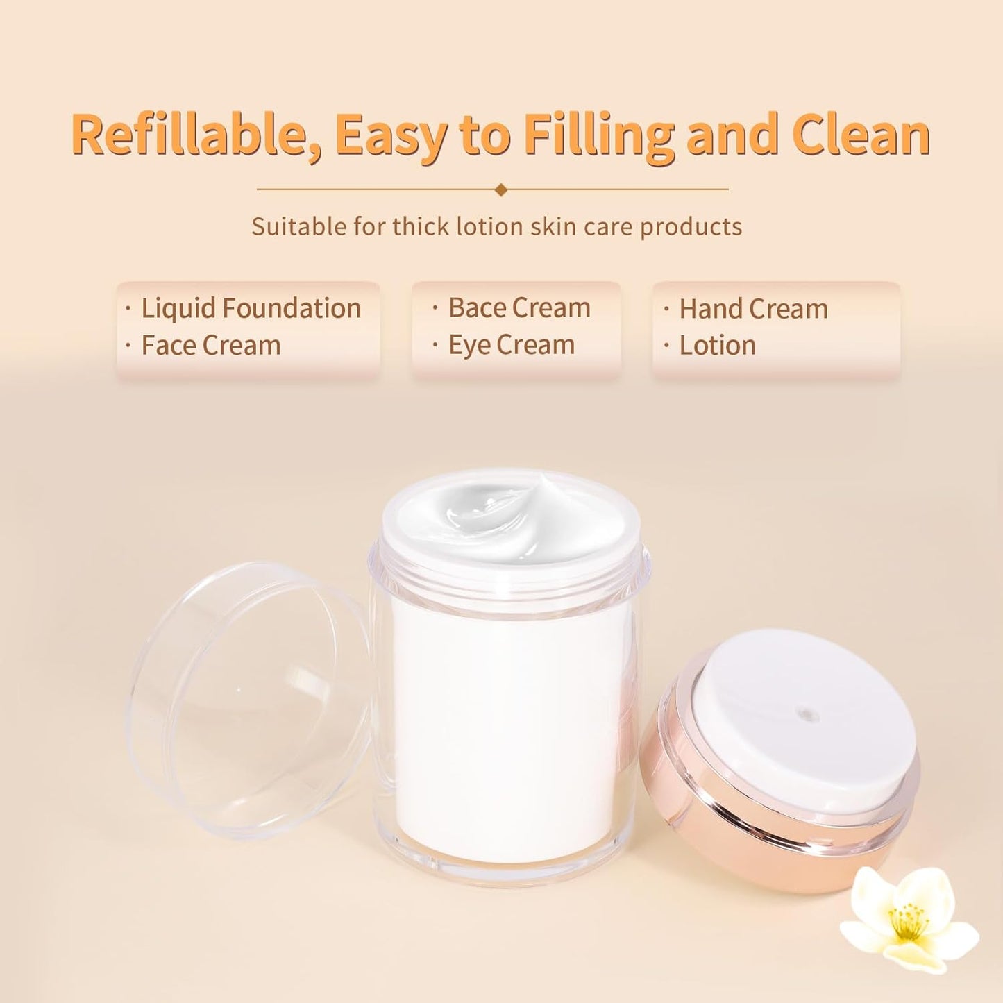 2Pack Airless Pump Jars with Cosmetic Spatula, 3.5 oz Empty Refillable Cosmetic Air Pump Jars Bottles Airless Lotion Cream Dispenser Portable Travel Makeup Containers (Rosegold)