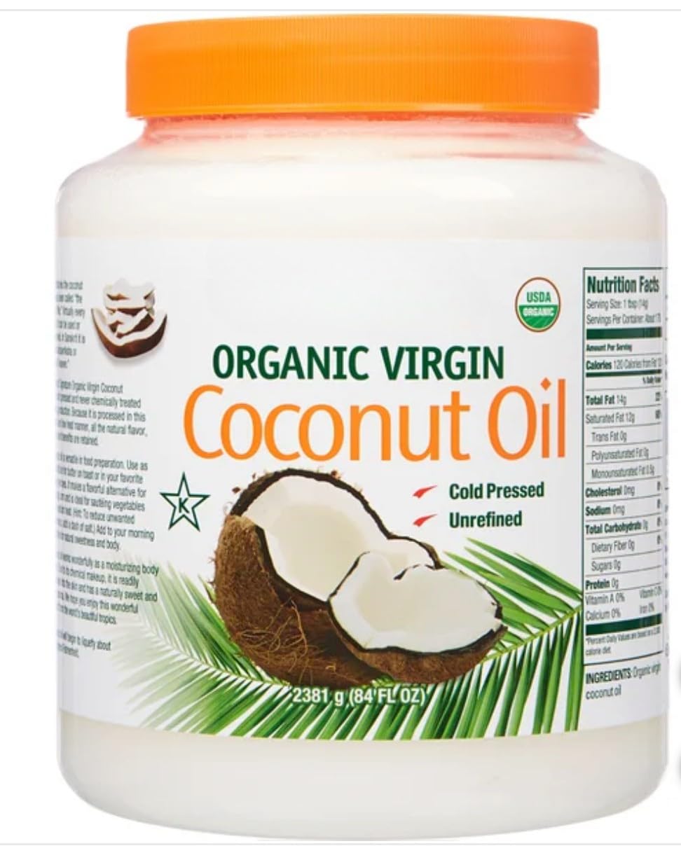 Organic Virgin Coconut Oil – Cold Pressed, 84 fl oz, Kirkland Quality, Unrefined & Chemical-Free