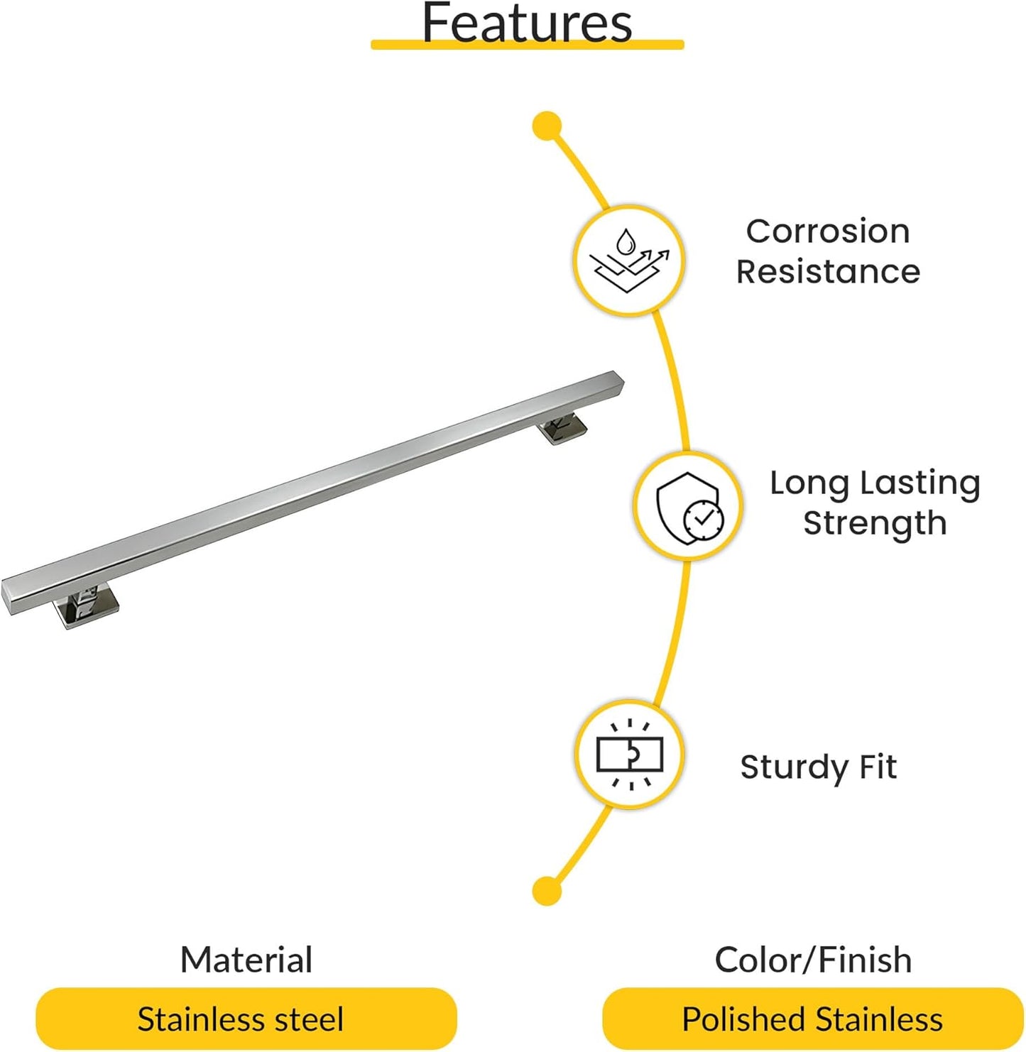 Brixwell Straight Square Grab Bar Stainless Steel Material, Polished Stainless Finish, 31-1/2" Length, 24" Hole Spacing, Tubular 1-1/4" Diameter, Included Cover Flanges and Mounting Hardware