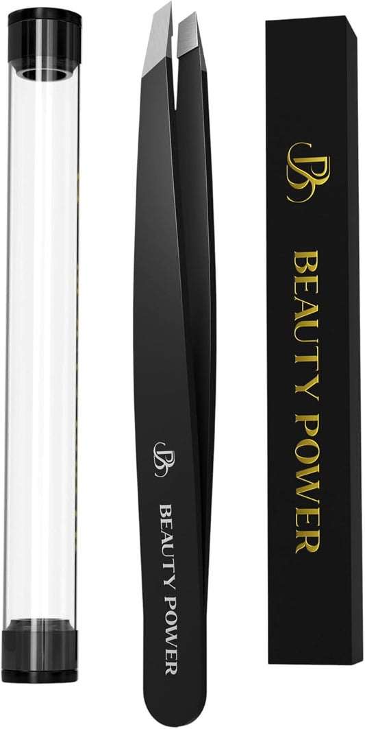Ultra-Precision Professional Slant Tweezers for Women Facial Hair - German Stainless Steel, Lightweight Black Tweezers for Women & Men, Ideal for Eyebrow & Facial Grooming (Matte Black)