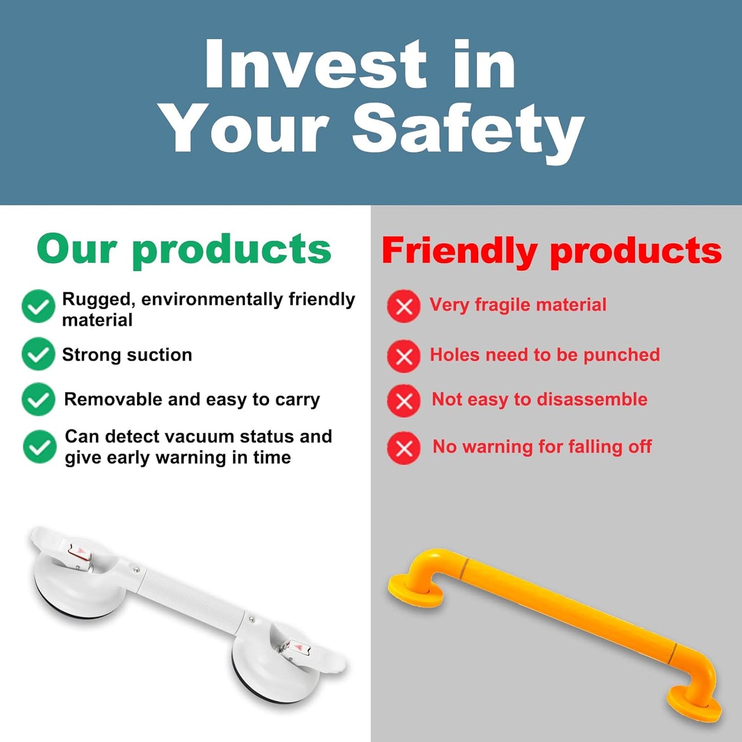 Shower Handle Upgraded 17 inch Grab Bar for Bathtub,Shower Handles with Strong Suction Cup Grab Bar,Bathroom Safety for Handicap Elderly Seniors and Disabled，White