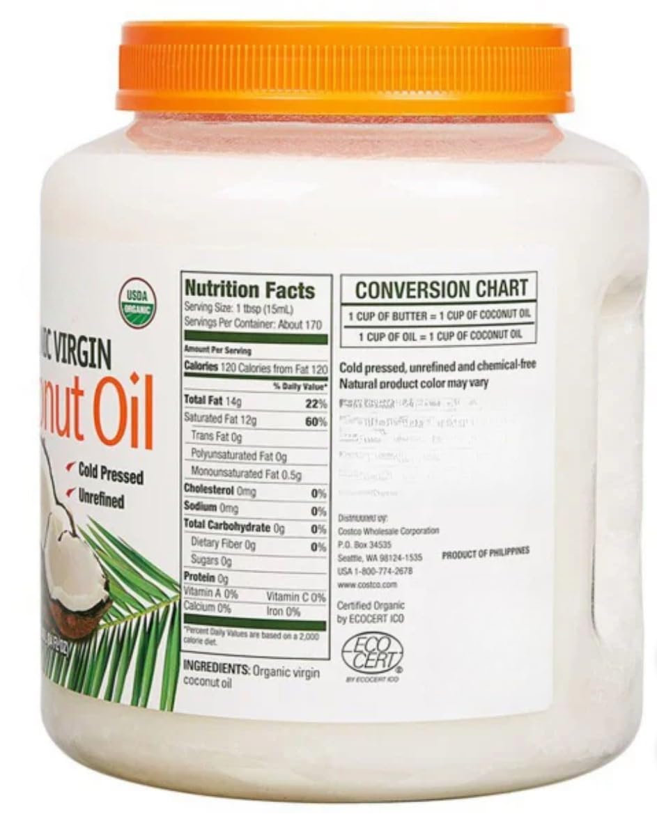 Organic Virgin Coconut Oil – Cold Pressed, 84 fl oz, Kirkland Quality, Unrefined & Chemical-Free