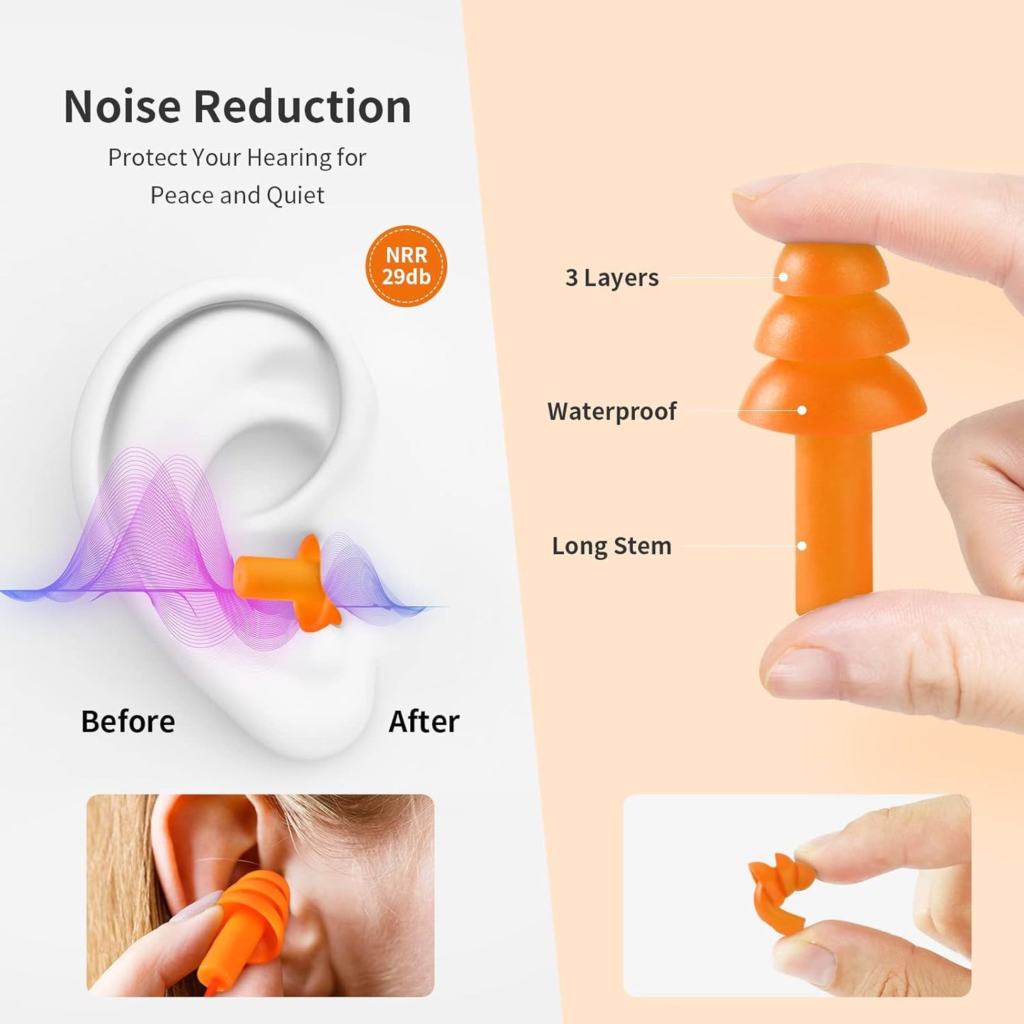 Ear Plugs for Swimming, Soft Ear Plugs for Sleeping Noise Cancelling, Reusable Ear Plug for Noise Reduction, Ear Protection, Silicone Earplugs for Swimming, Sleeping, Snoring, Work, Concerts, 6 Pairs