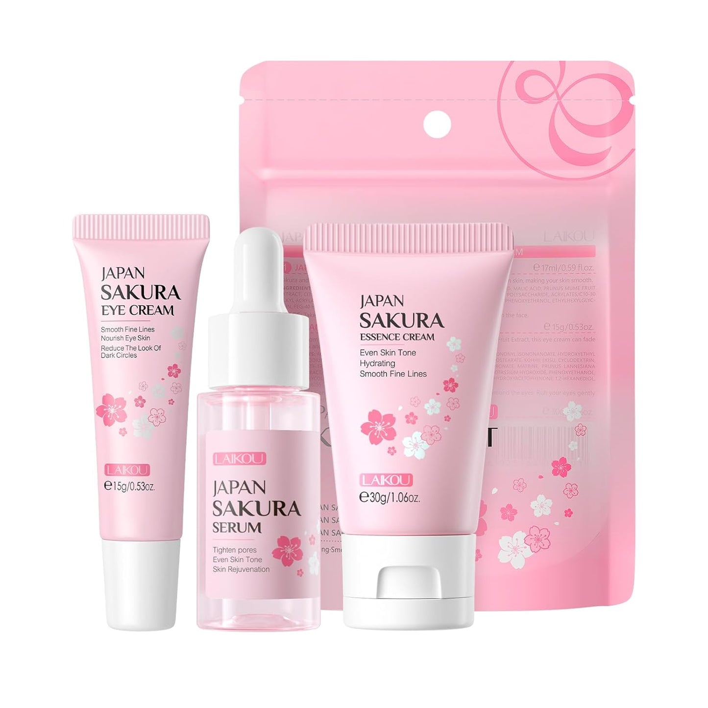 LAIKOU Skin Care Set JAPAN SAKURA Beauty Gift Sets Skin Care Kit with Serum, Eye Cream, Face Cream Travel Kit for Women Wife Mom Teen Girls TSA-friendly Sizes Christmas Gift 3pcs