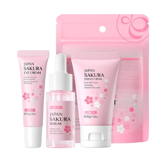 LAIKOU Skin Care Set JAPAN SAKURA Beauty Gift Sets Skin Care Kit with Serum, Eye Cream, Face Cream Travel Kit for Women Wife Mom Teen Girls TSA-friendly Sizes Christmas Gift 3pcs